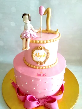 Pink & Gold 2 Tier 1st Birthday Cake with 3D figurine